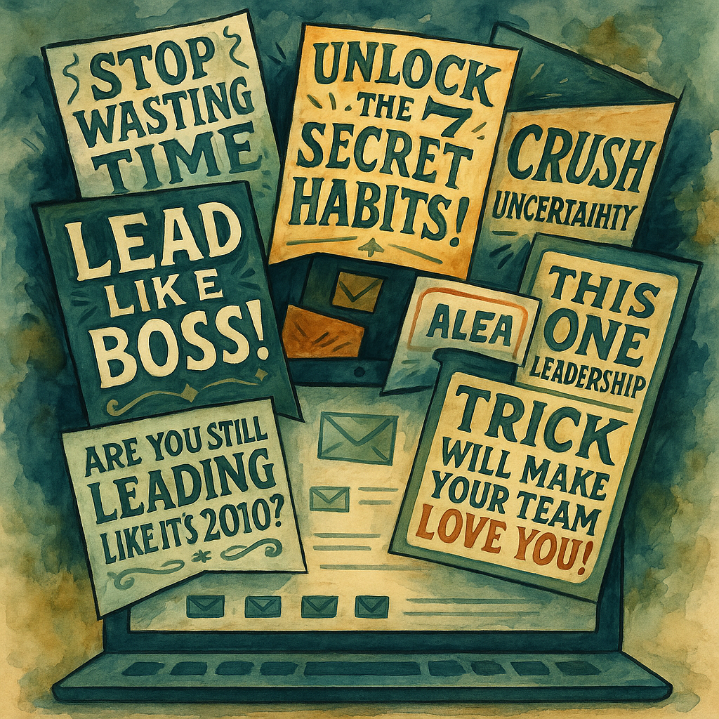 A cluttered inbox overflowing with flashy subject lines, styled like a circus poster or neon marquee