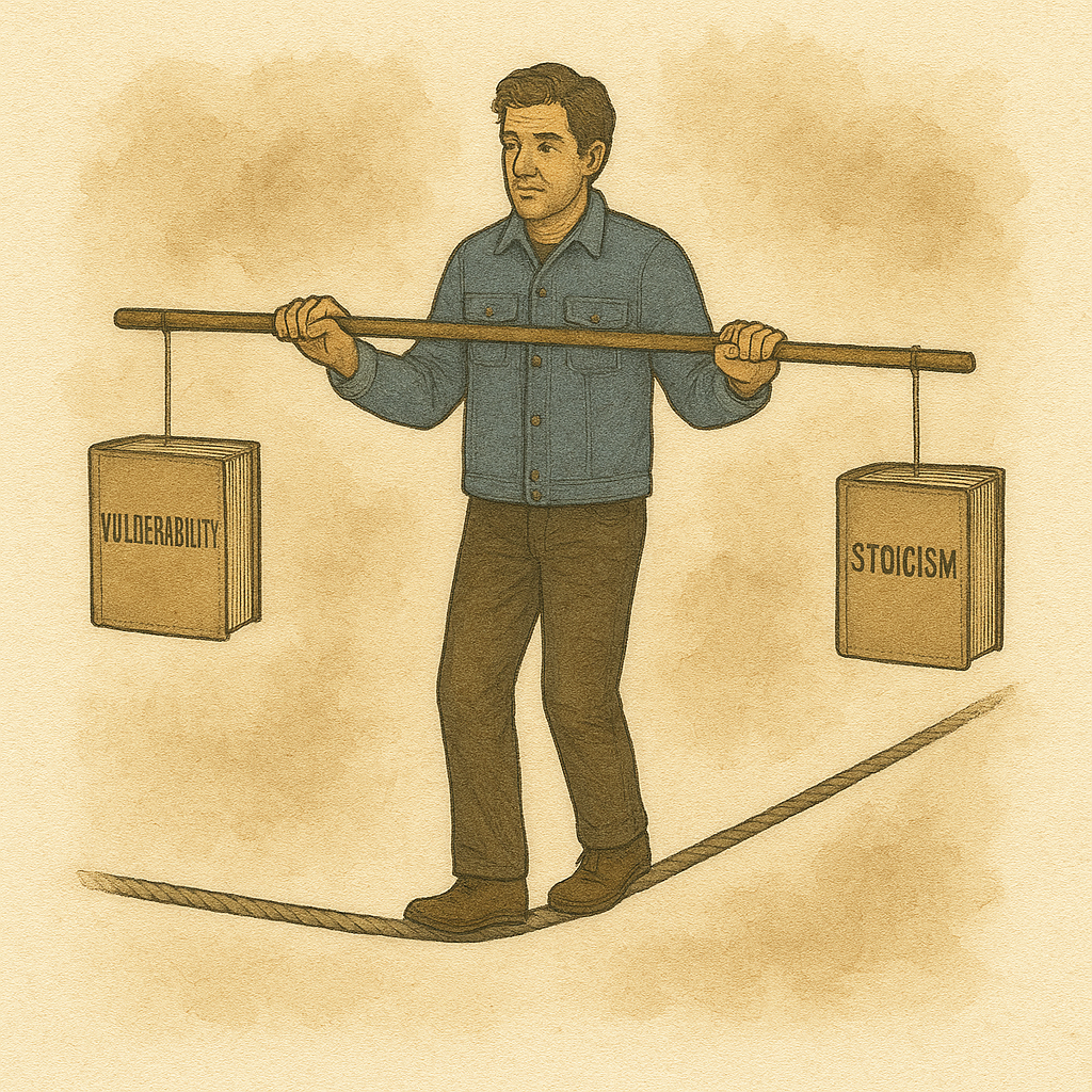 A figure walking a literal tightrope with books dangling from each side titled: “Vulnerability” & "Stoicism"