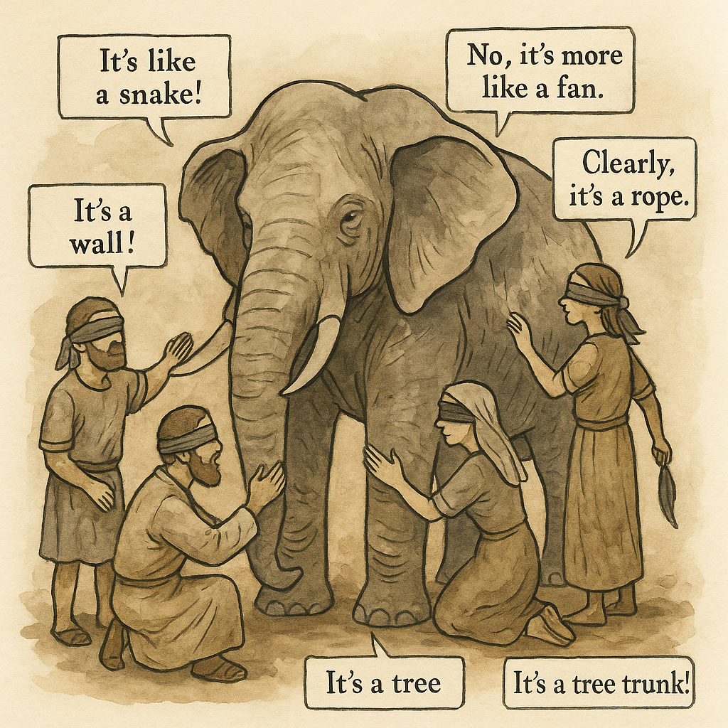 Stylized depiction of four blindfolded villagers touching different parts of an elephant, each with exaggeratedly different facial expressions and gestures