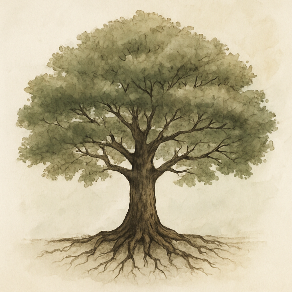 A watercolor tree showing a huge canopy of leaves, a network of branches extending some main limbs, a solid trunk, and an exposed root structure. All of this is used to help visualize the leadership tree.