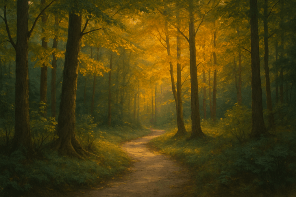 A natural footpath leading into a quiet, golden-hued forest grove