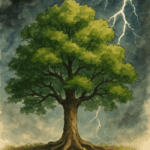 A watercolor painting of a tall, mature tree with deep, sprawling roots and a wide green canopy, standing alone against a dramatic stormy sky. A bolt of lightning streaks across the dark clouds in the background, illuminating the scene with contrast and tension. The tree remains grounded and unshaken, symbolizing strength and resilience.