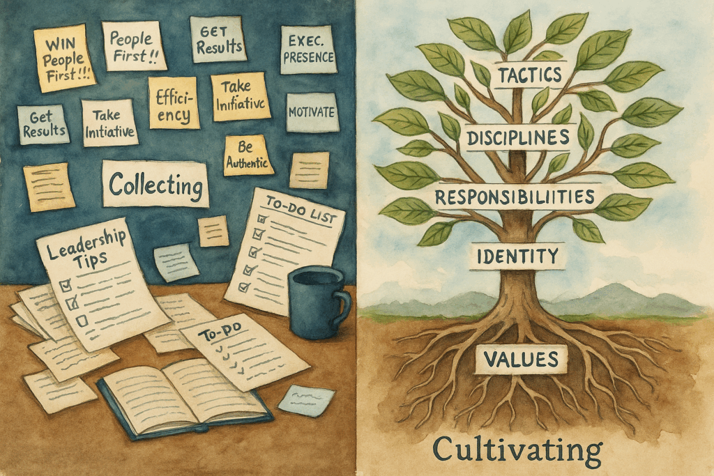 Comparison of a cluttered desk full of tactics vs. a tree cultivated with care and intention