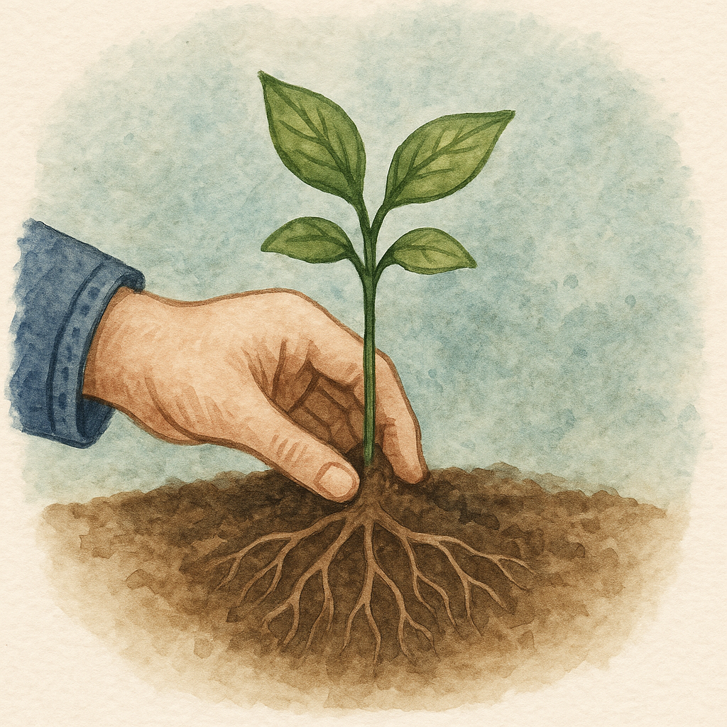 A hand planting a small seedling, symbolizing leadership growth