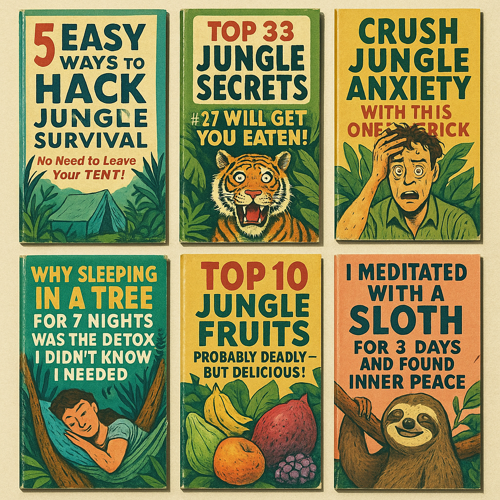 A stack of parody jungle self-help booklets promising strange and impractical advice